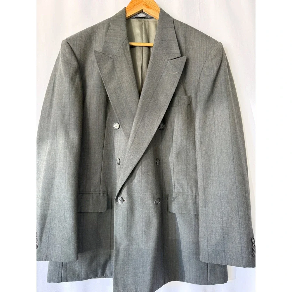 Haggar Gallery Mens Grey Pinstripe Double Breasted Blazer Peak Lapel Suit Jacket